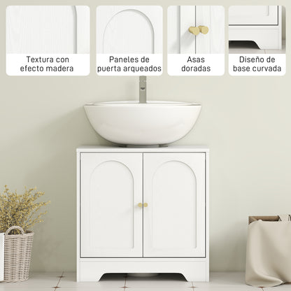 Pedestal Sink Cabinet Bathroom Cabinet with 2 Arched Doors Adjustable Shelf Golden Handles for Pedestal Sink or Sink without Pedestal 60x30x65 cm White