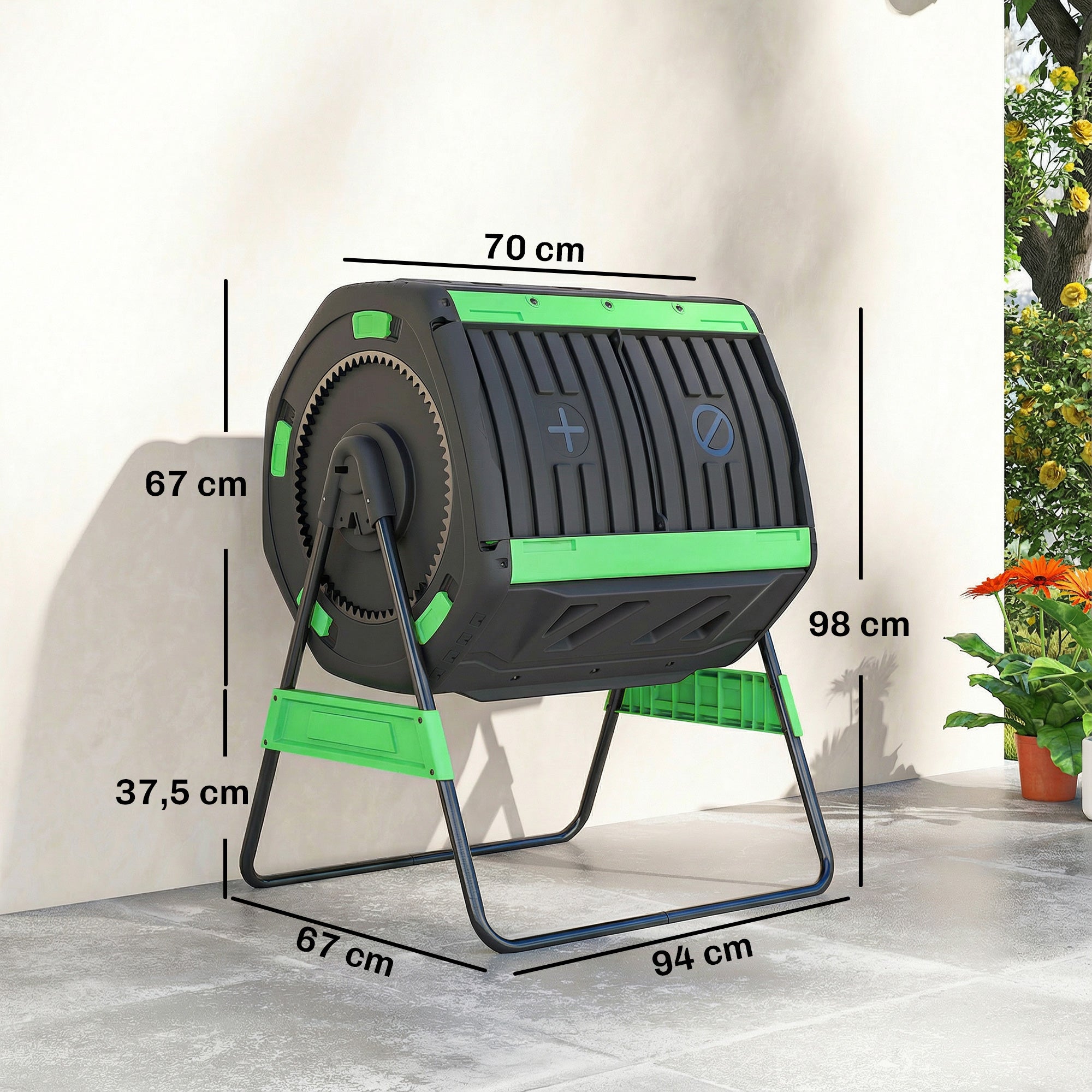 200 L (≈53 US gal) Compost Tumbler, 94 x 67 x 98 cm (37 x 26.4 x 38.6 in) – Fast Compost Bin with Ventilation Holes & Sliding Door, Weather-Resistant Plastic