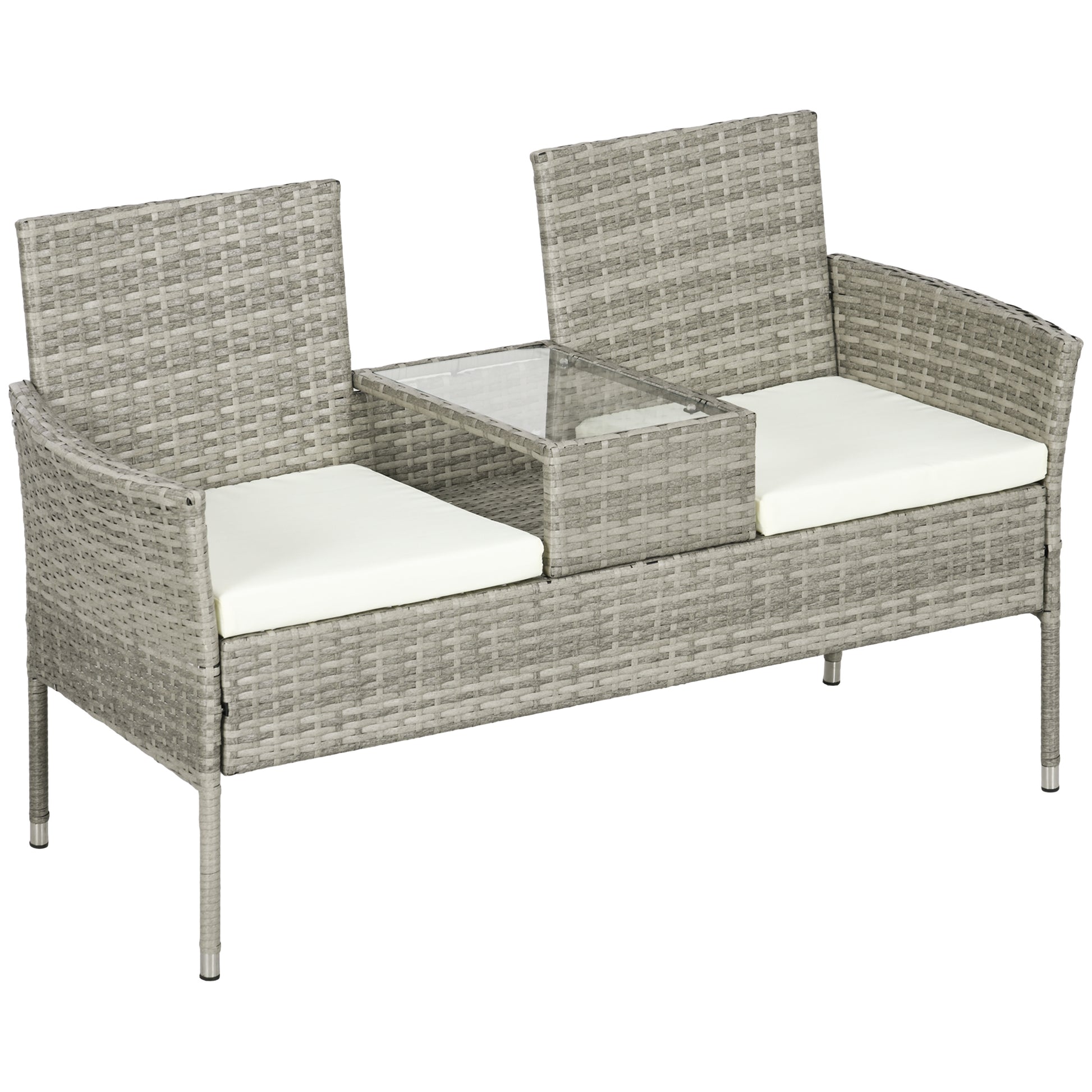 Outdoor Bench 2 Seater with Central Coffee Table, Garden Sofa in Steel, PE Rattan and Polyester, 137x59x82 cm, Grey and Cream