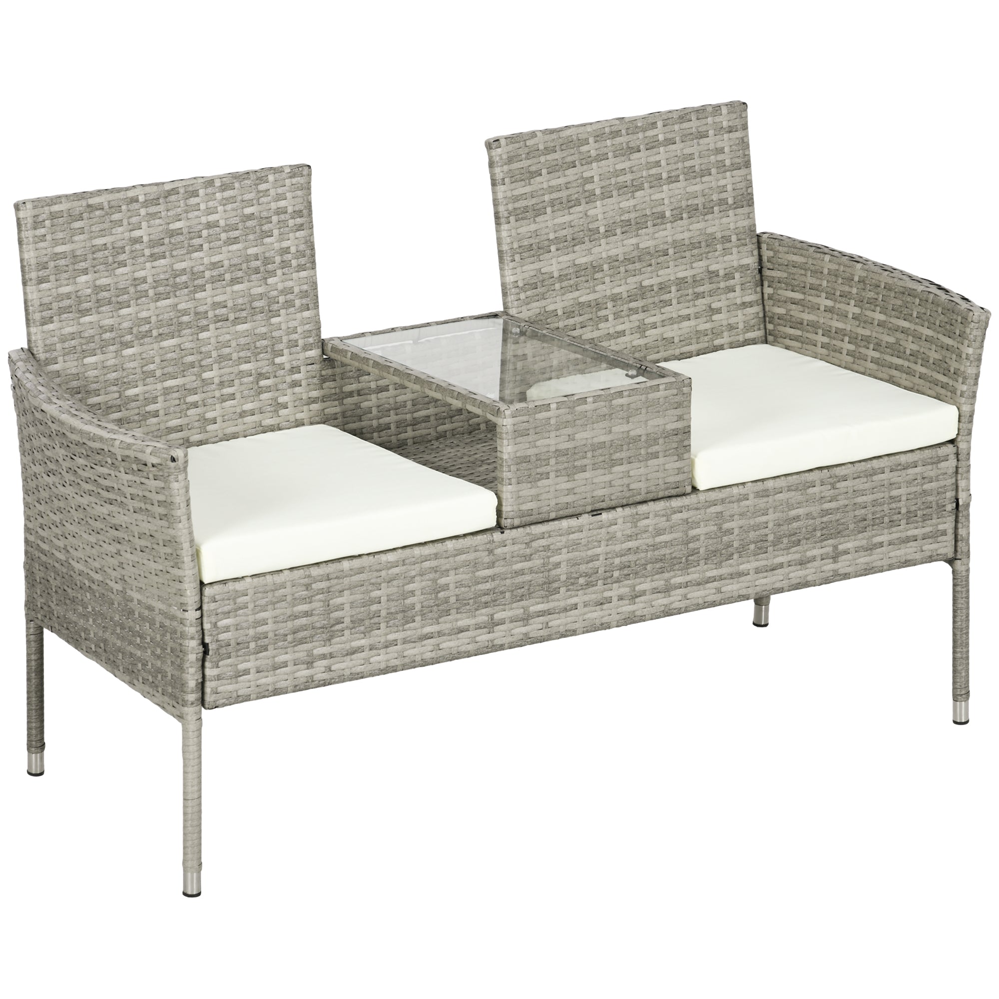 Outdoor Bench 2 Seater with Central Coffee Table, Garden Sofa in Steel, PE Rattan and Polyester, 137x59x82 cm, Grey and Cream