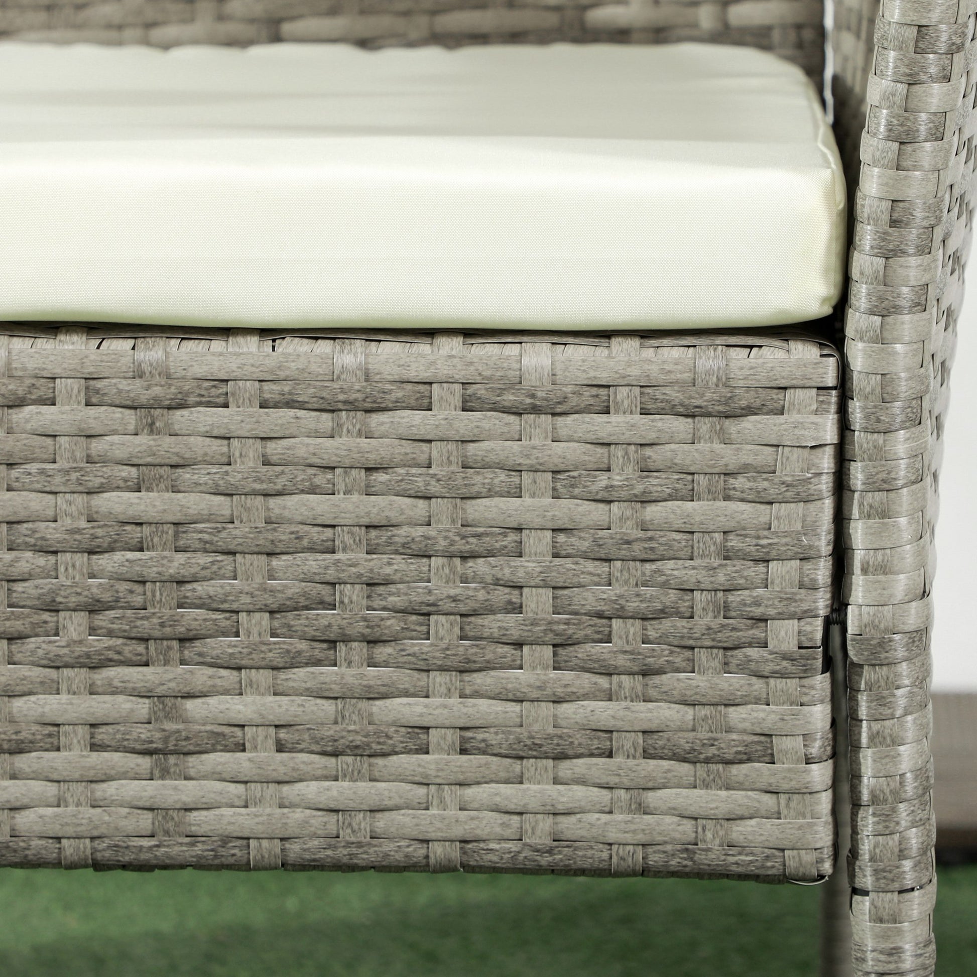 Outdoor Bench 2 Seater with Central Coffee Table, Garden Sofa in Steel, PE Rattan and Polyester, 137x59x82 cm, Grey and Cream