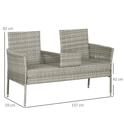 Outdoor Bench 2 Seater with Central Coffee Table, Garden Sofa in Steel, PE Rattan and Polyester, 137x59x82 cm, Grey and Cream