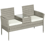 Outdoor Bench 2 Seater with Central Coffee Table, Garden Sofa in Steel, PE Rattan and Polyester, 137x59x82 cm, Grey and Cream