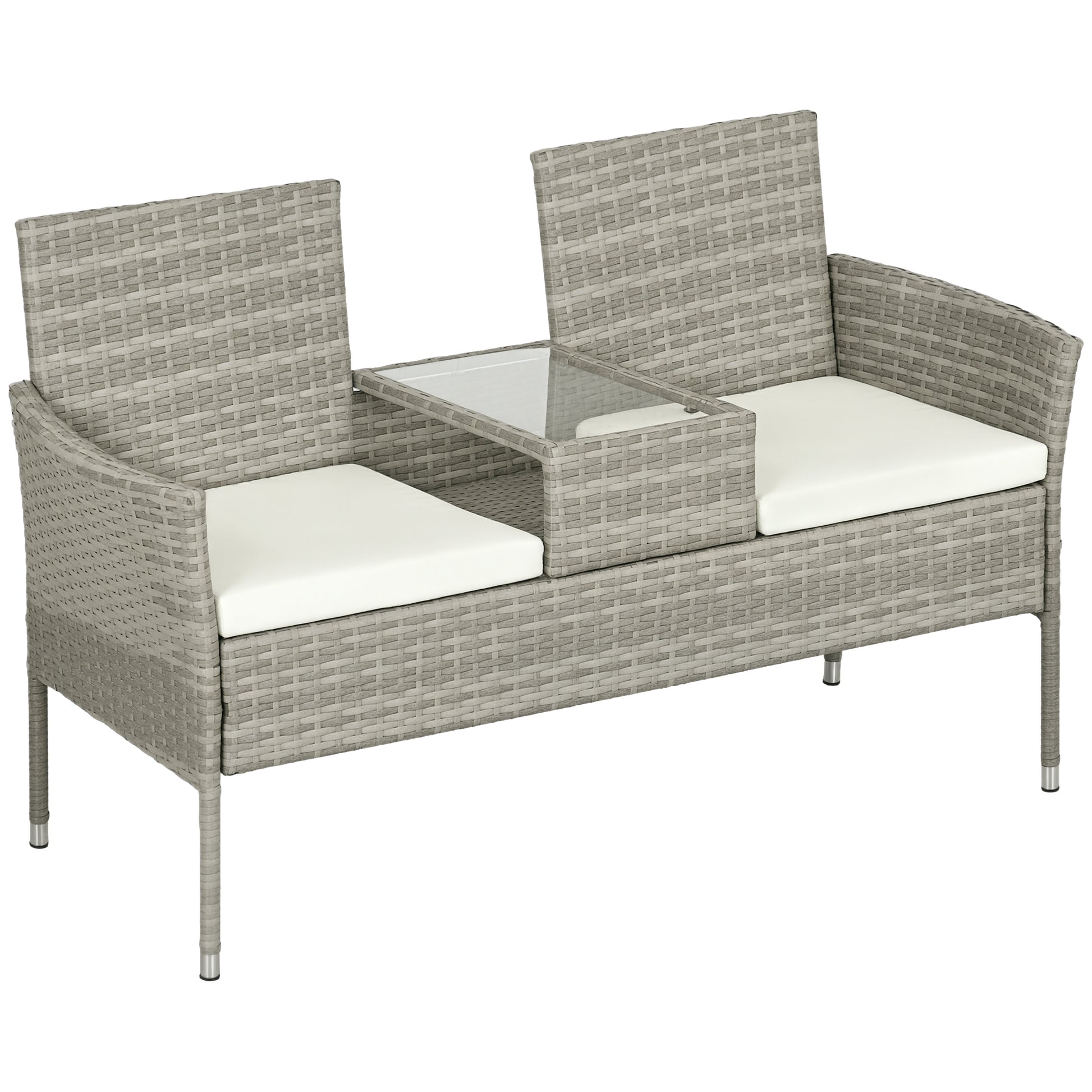 Outdoor Bench 2 Seater with Central Coffee Table, Garden Sofa in Steel, PE Rattan and Polyester, 137x59x82 cm, Grey and Cream
