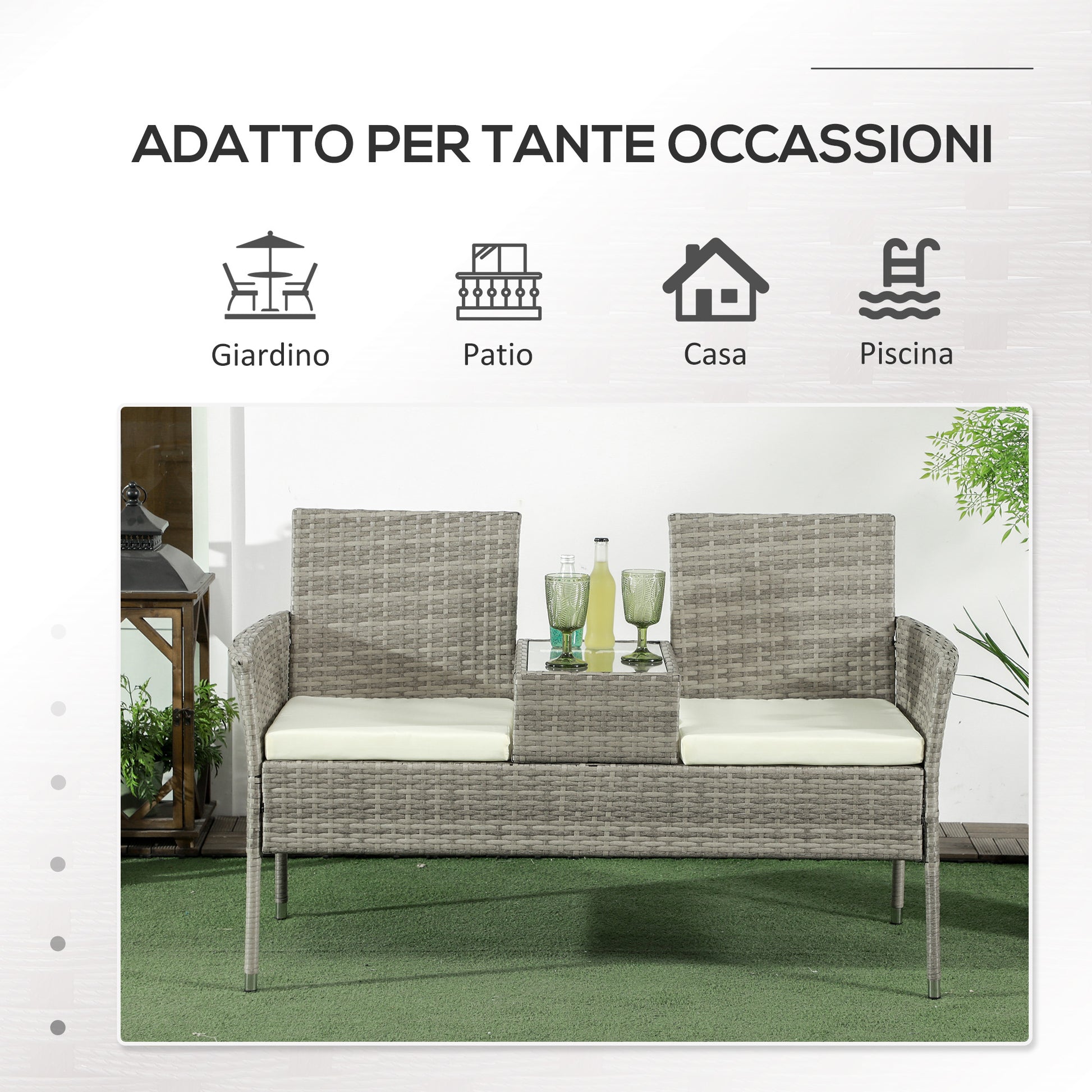 Outdoor Bench 2 Seater with Central Coffee Table, Garden Sofa in Steel, PE Rattan and Polyester, 137x59x82 cm, Grey and Cream