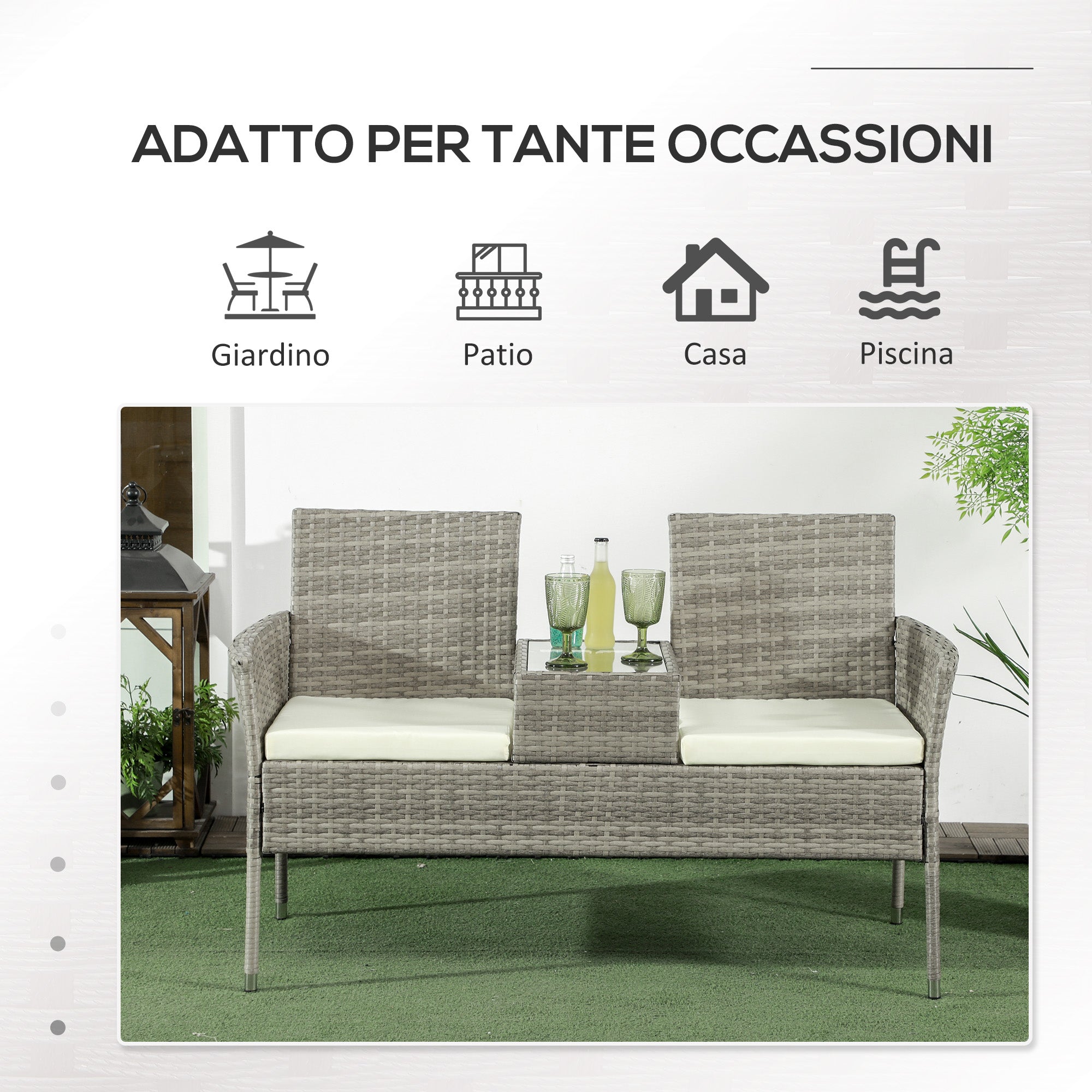 Outdoor Bench 2 Seater with Central Coffee Table, Garden Sofa in Steel, PE Rattan and Polyester, 137x59x82 cm, Grey and Cream