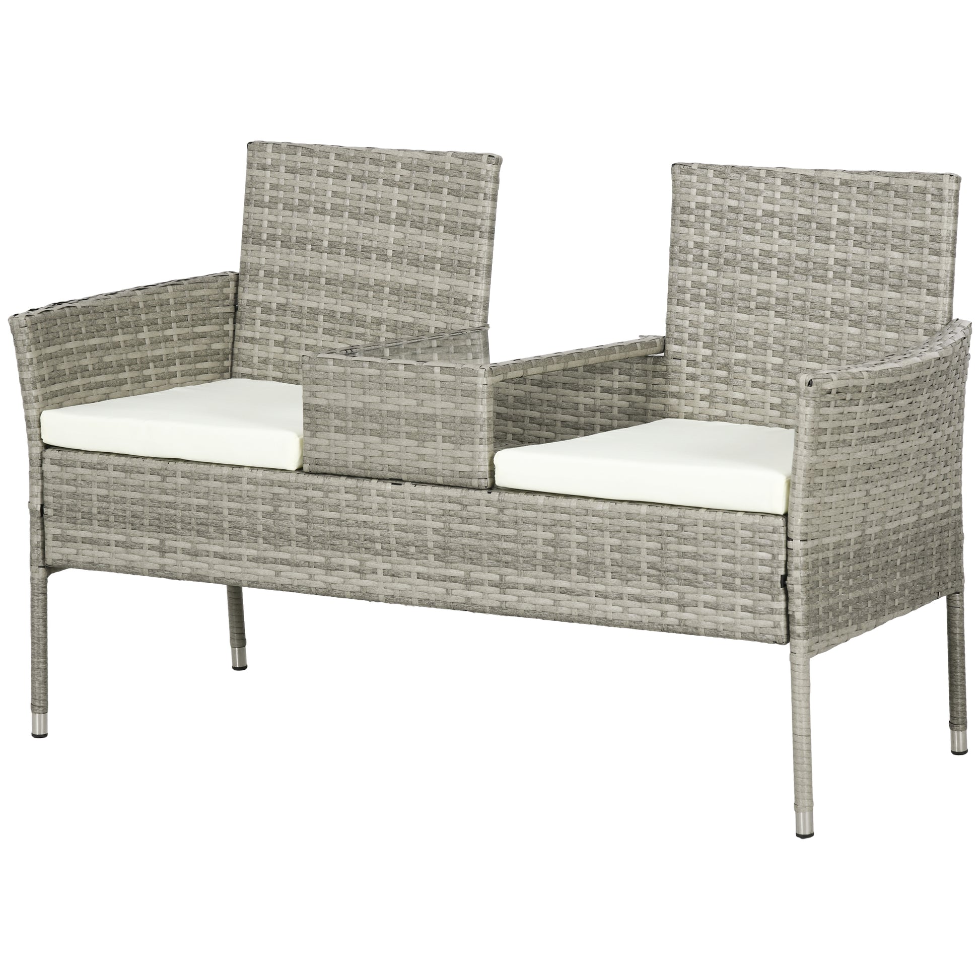 Outdoor Bench 2 Seater with Central Coffee Table, Garden Sofa in Steel, PE Rattan and Polyester, 137x59x82 cm, Grey and Cream