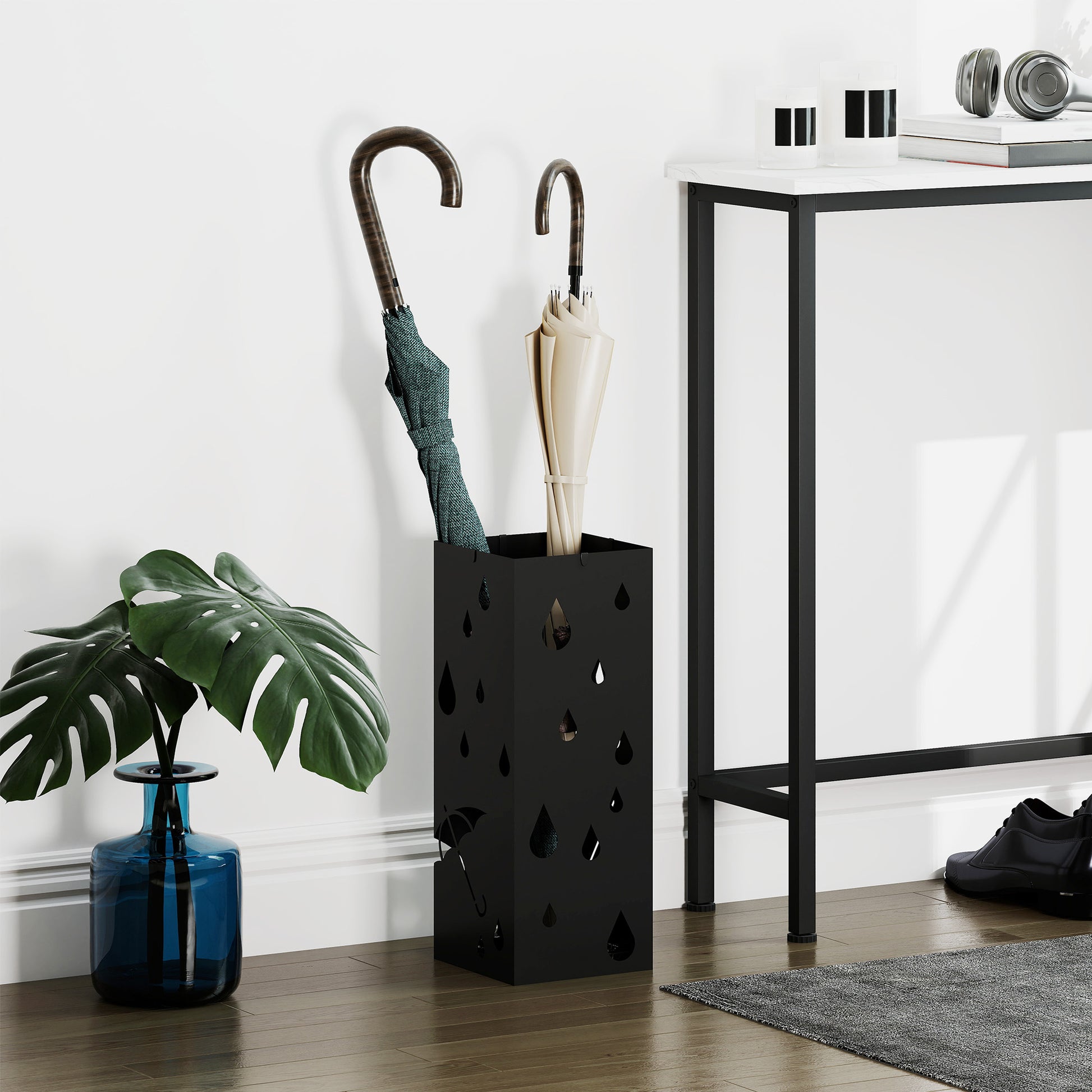 Umbrella Stand Umbrella Stand with 4 Hooks, Water Collection Tray Umbrella Holder for Hallway, Umbrellas & Walking Sticks Steel 15.5 x 15.5 x 40 cm Black