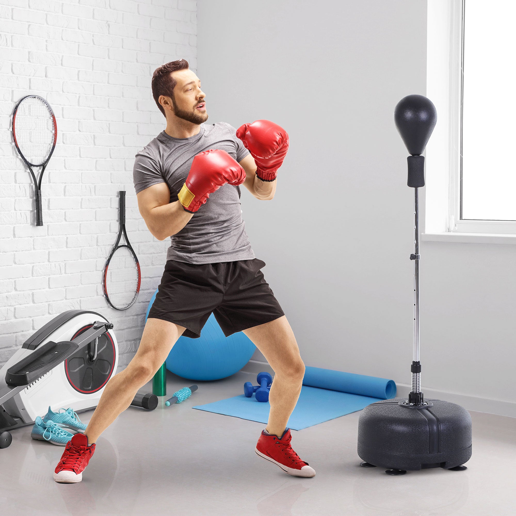 Punching Ball Set 136-154 cm Adjustable Height Boxing Stand with 1 pair of Gloves Suction Cup Stand Boxing Trainer for Adults and Teenagers Black