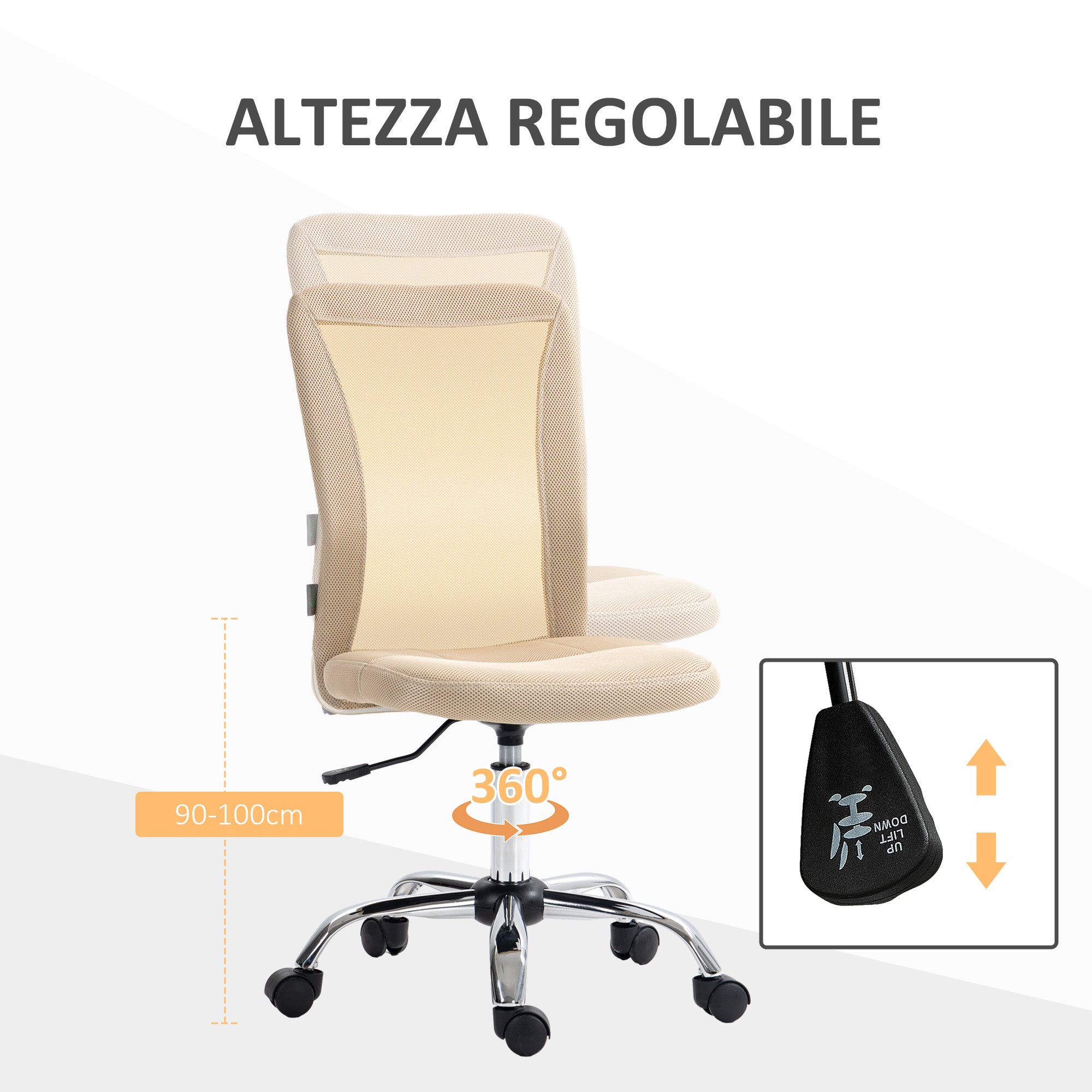 Mesh Office Chair Armless Swivel Desk Chair with Adjustable Height 220 lbs Capacity for Study Office 43x58x90-100 cm Beige