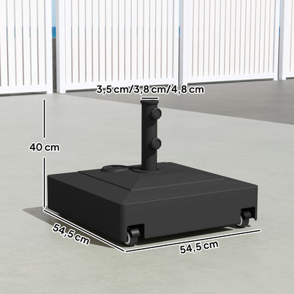 Square Umbrella Base with Wheels – HDPE Parasol Stand, Fits Ø35/38/48 mm, Fillable (61 kg sand / 40 kg water) – Black
