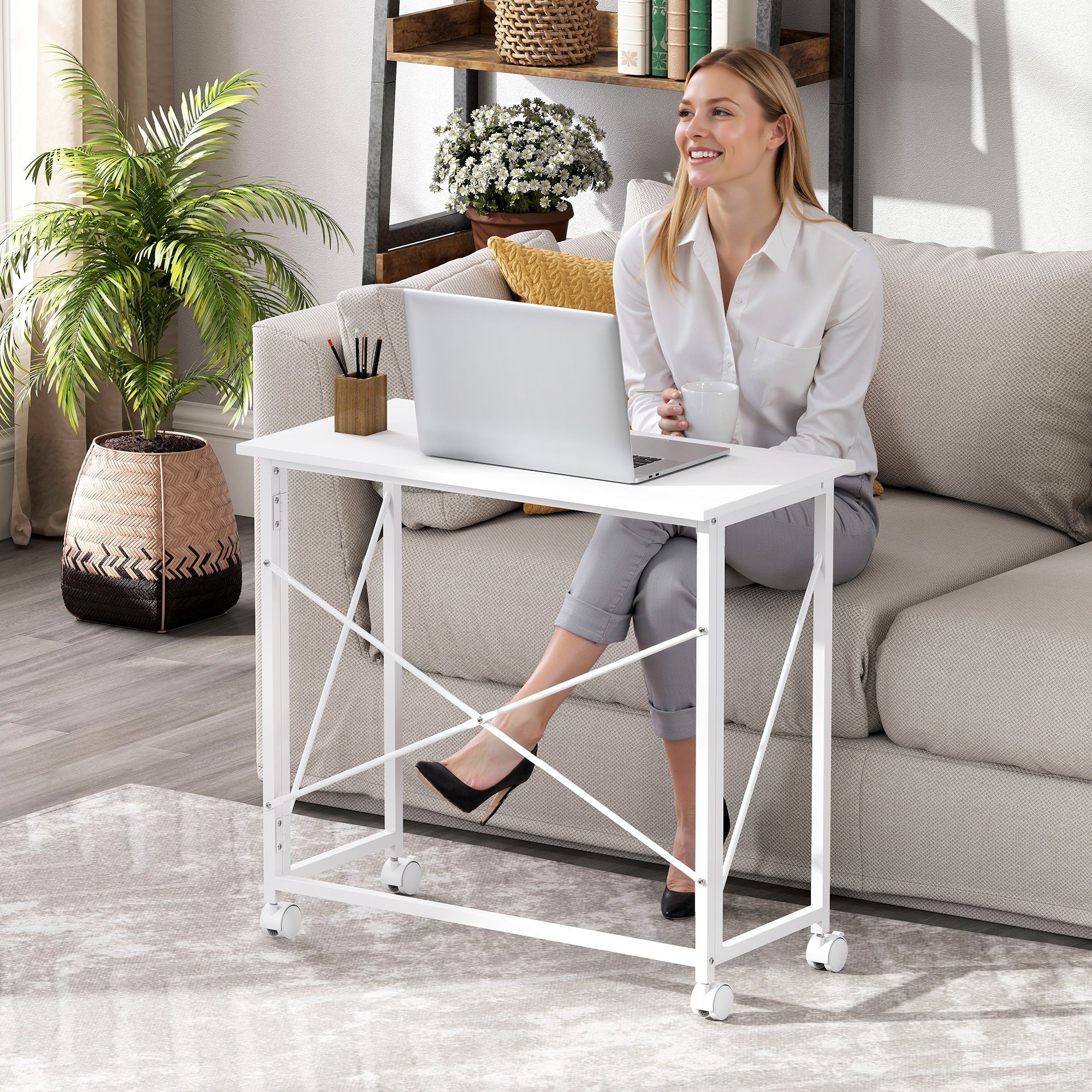 Folding Computer Desk, 31.5 x 15.7 in, Rolling Modern Desk for Home, Bedroom & Small Spaces, White