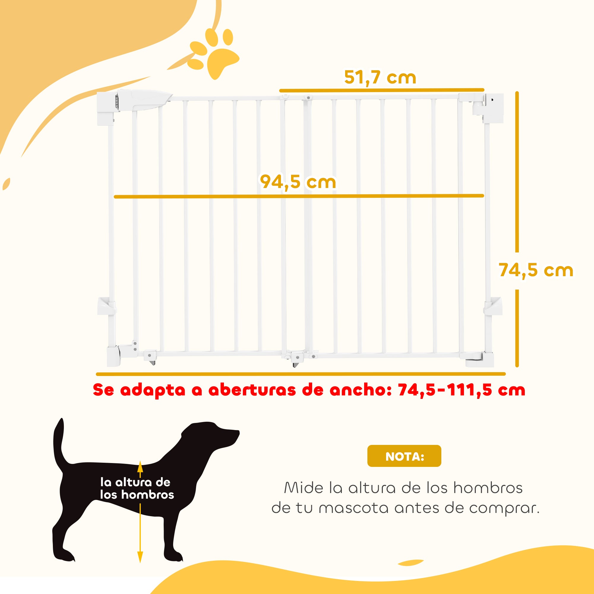 Dog Safety Gate, Adjustable 29.3–43.9 in, Pet Door for Doors & Stairs with Latch, Self-Closing, One-Hand Operation, Wall-Mounted, No-Threshold, White