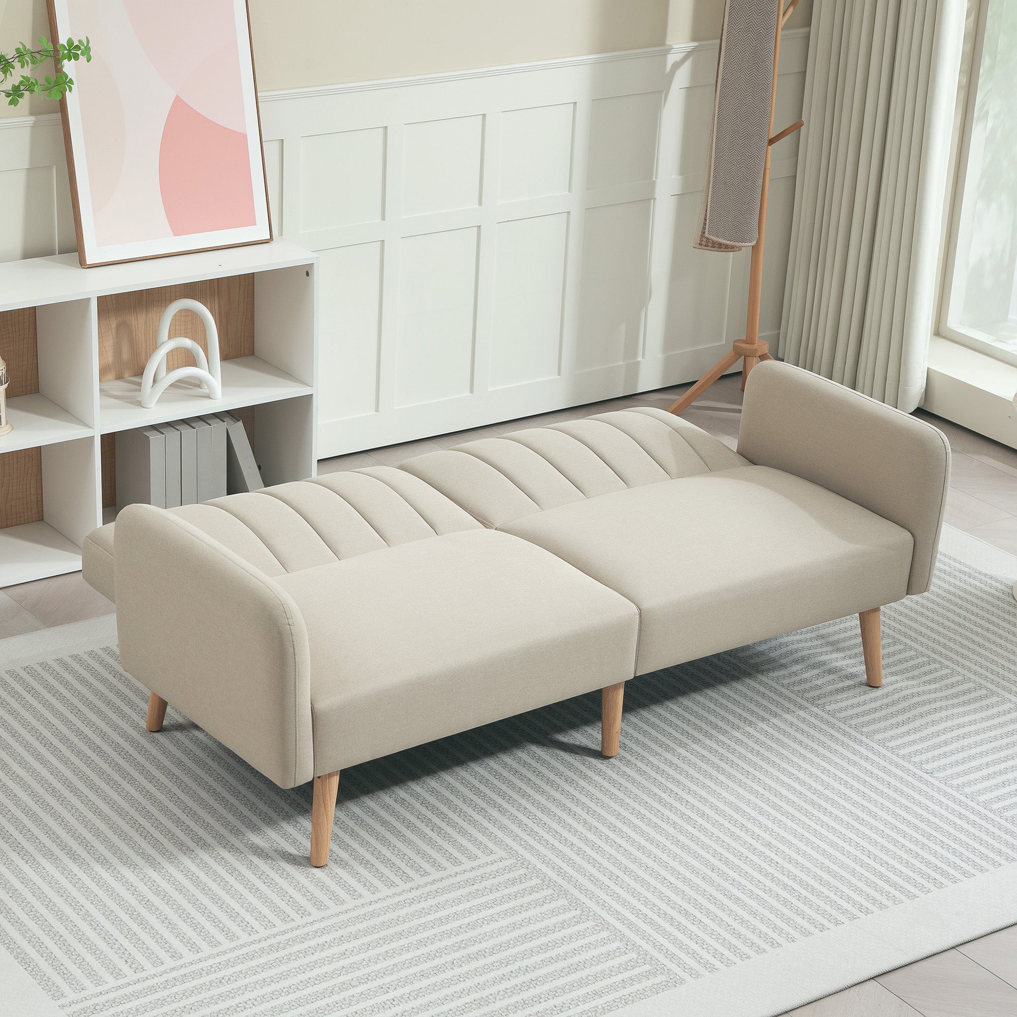 Scandinavian Design 2-Seater Convertible Sofa Reclining 3-Position Backrest Wooden Legs Linen-Look Fabric Beige