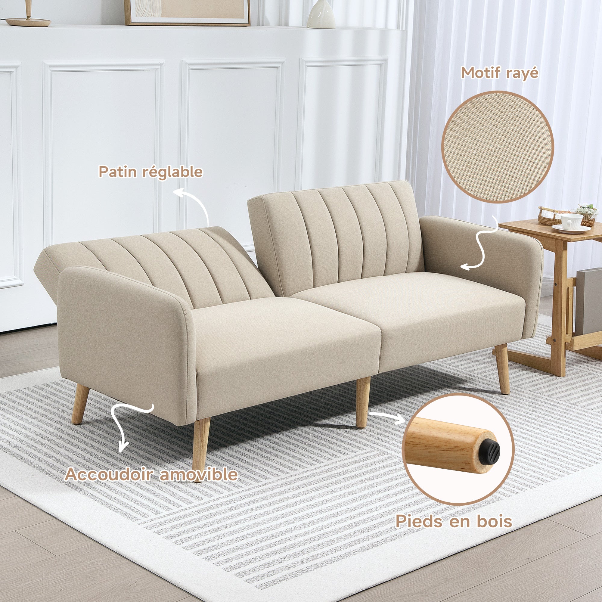 Scandinavian Design 2-Seater Convertible Sofa Reclining 3-Position Backrest Wooden Legs Linen-Look Fabric Beige