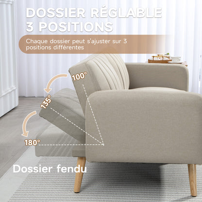 Scandinavian Design 2-Seater Convertible Sofa Reclining 3-Position Backrest Wooden Legs Linen-Look Fabric Beige