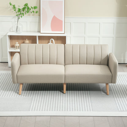 Scandinavian Design 2-Seater Convertible Sofa Reclining 3-Position Backrest Wooden Legs Linen-Look Fabric Beige