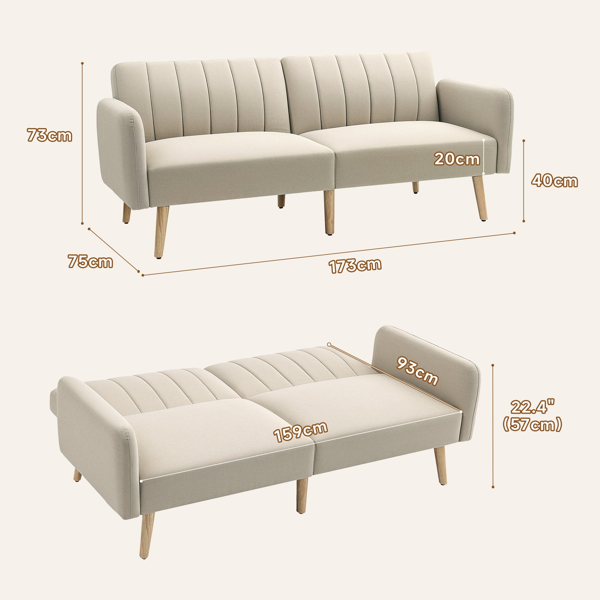 Scandinavian Design 2-Seater Convertible Sofa Reclining 3-Position Backrest Wooden Legs Linen-Look Fabric Beige
