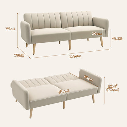 Scandinavian Design 2-Seater Convertible Sofa Reclining 3-Position Backrest Wooden Legs Linen-Look Fabric Beige