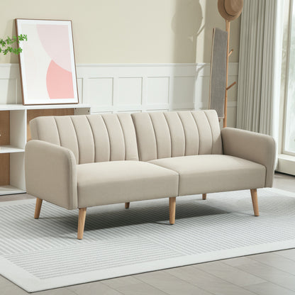 Scandinavian Design 2-Seater Convertible Sofa Reclining 3-Position Backrest Wooden Legs Linen-Look Fabric Beige