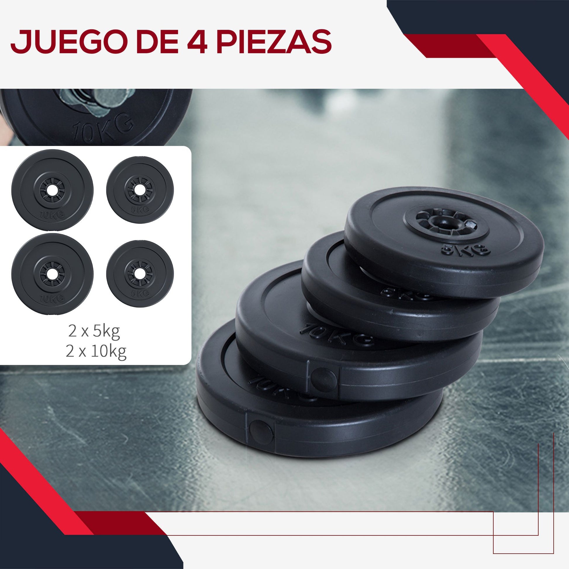Set of 4 Weight Plates 2x5 kg and 2x10 kg Weight Plate Set with 25mm Hole for Barbell or Dumbbells Strength Training Weightlifting Black