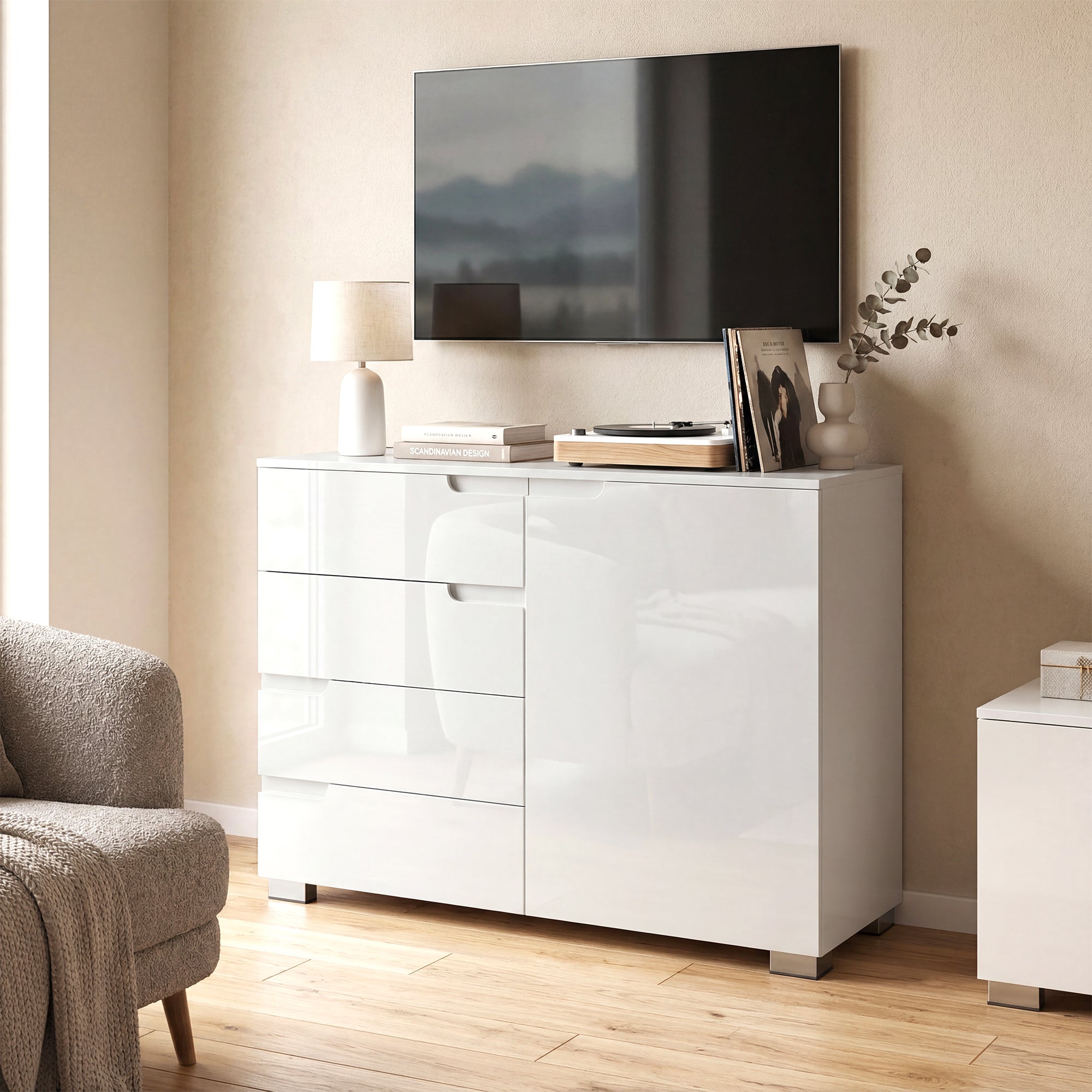 High-Gloss Sideboard — Modern Buffet Cabinet with 4 Drawers & Adjustable Shelf, Soft-Close, White