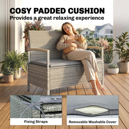 2-Seater Rattan Outdoor Storage Bench, 170 L Trunk, Washable Cushion, Backrest & Acacia Wood Arms, Gas-Assisted Lid — Light Gray