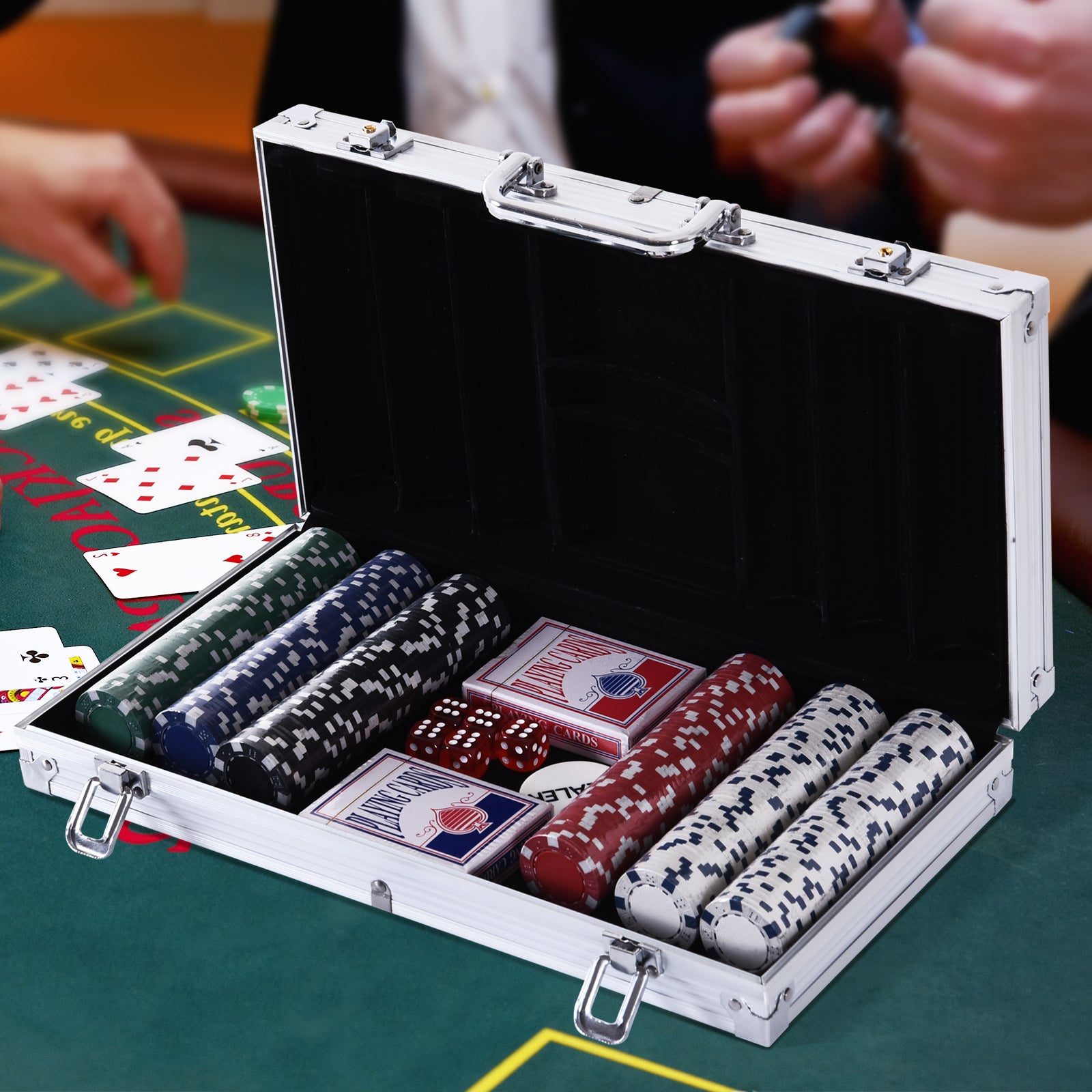 Lockable Poker Case Poker Set with Case 300 Chips 5 Dice 2 Decks of Cards Accessories, Complete Poker Chip Set Card Games Aluminum Case for Texas Hold'em, Blackjack