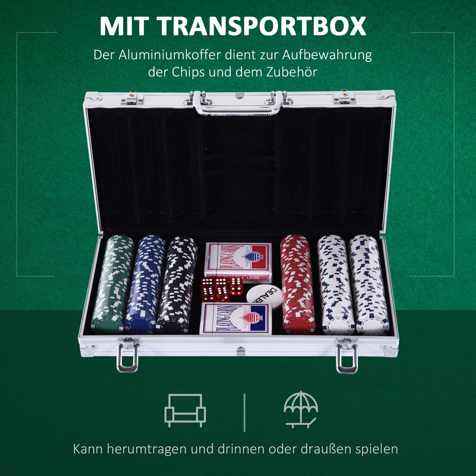 Lockable Poker Case Poker Set with Case 300 Chips 5 Dice 2 Decks of Cards Accessories, Complete Poker Chip Set Card Games Aluminum Case for Texas Hold'em, Blackjack