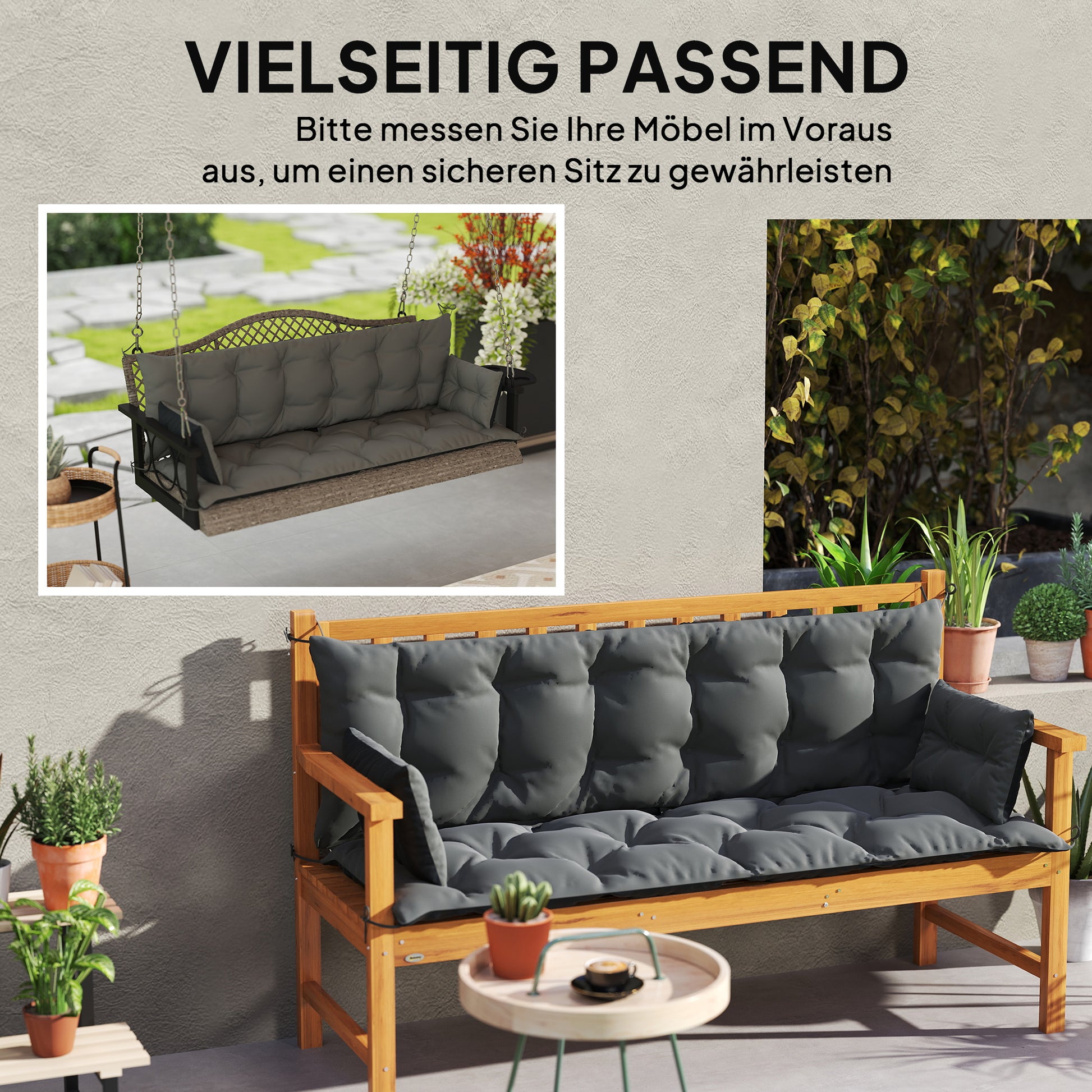 3 Seater Bench Cushion 180x110x8 cm Bench Pad with Straps, Seat Cushion, Outdoor/Indoor Chair Cushion, Seat Cover, Seat Pillow, Bench Cushion for Garden Furniture, Hammock, Dark Gray+Black