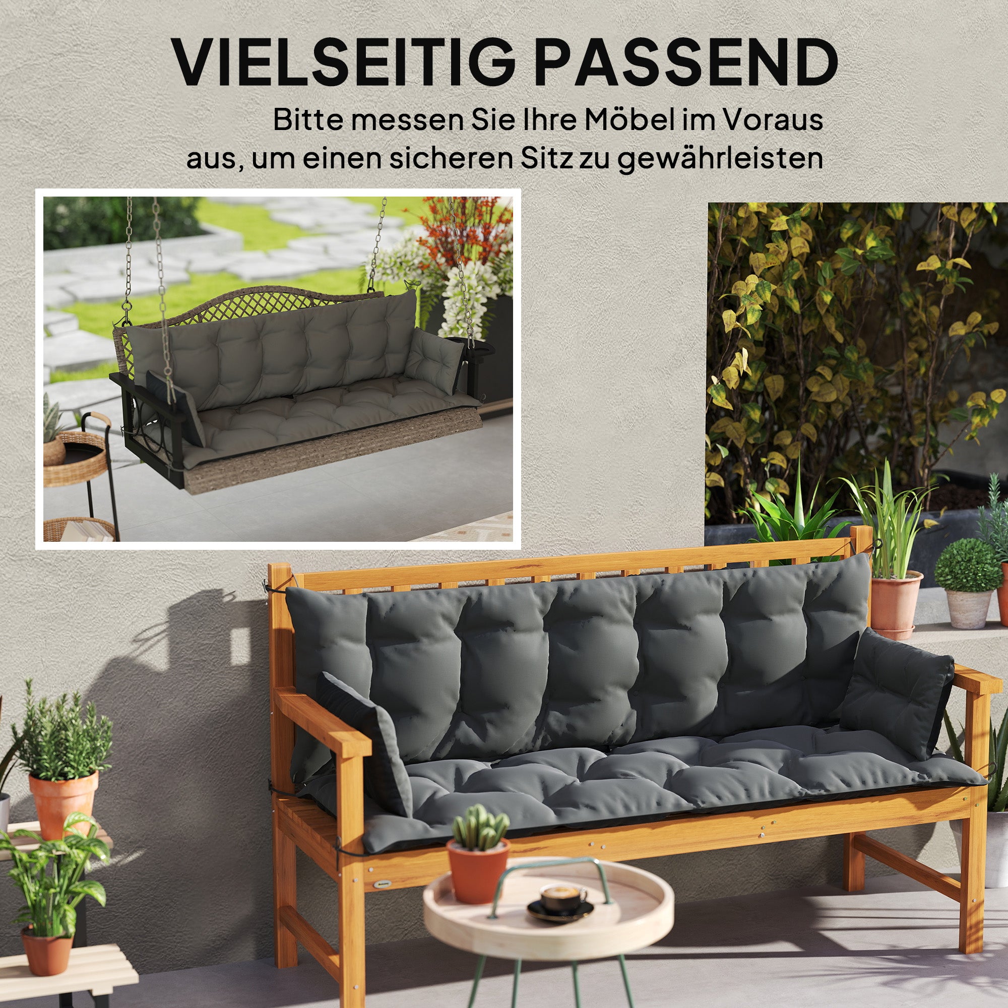 3 Seater Bench Cushion 180x110x8 cm Bench Pad with Straps, Seat Cushion, Outdoor/Indoor Chair Cushion, Seat Cover, Seat Pillow, Bench Cushion for Garden Furniture, Hammock, Dark Gray+Black