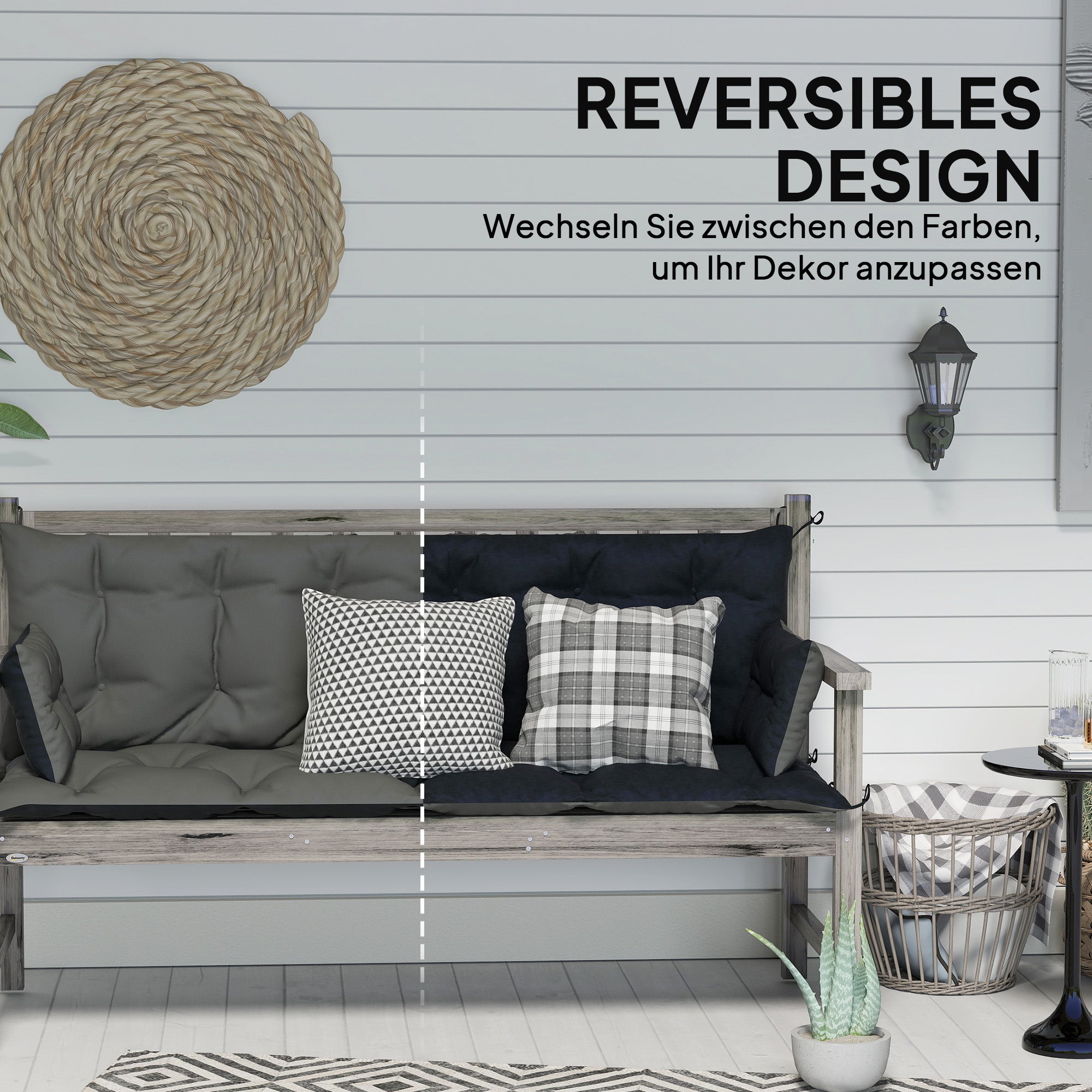 3 Seater Bench Cushion 180x110x8 cm Bench Pad with Straps, Seat Cushion, Outdoor/Indoor Chair Cushion, Seat Cover, Seat Pillow, Bench Cushion for Garden Furniture, Hammock, Dark Gray+Black