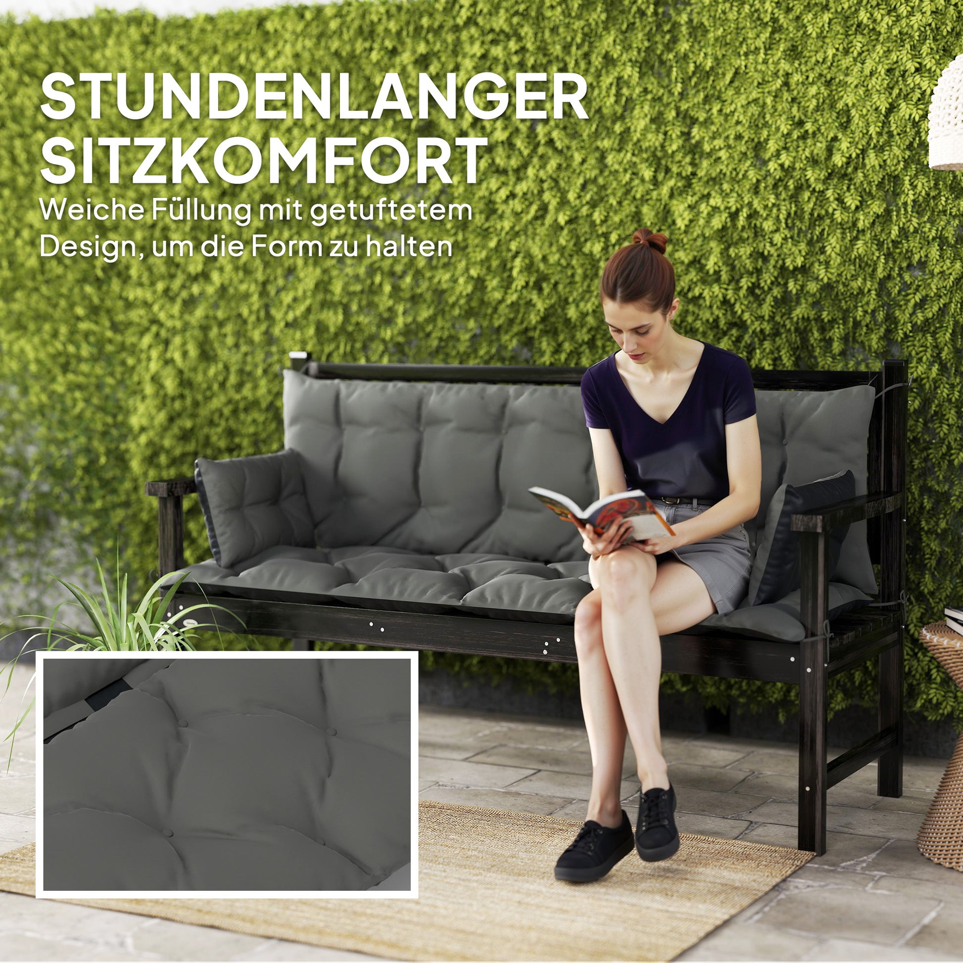 3 Seater Bench Cushion 180x110x8 cm Bench Pad with Straps, Seat Cushion, Outdoor/Indoor Chair Cushion, Seat Cover, Seat Pillow, Bench Cushion for Garden Furniture, Hammock, Dark Gray+Black