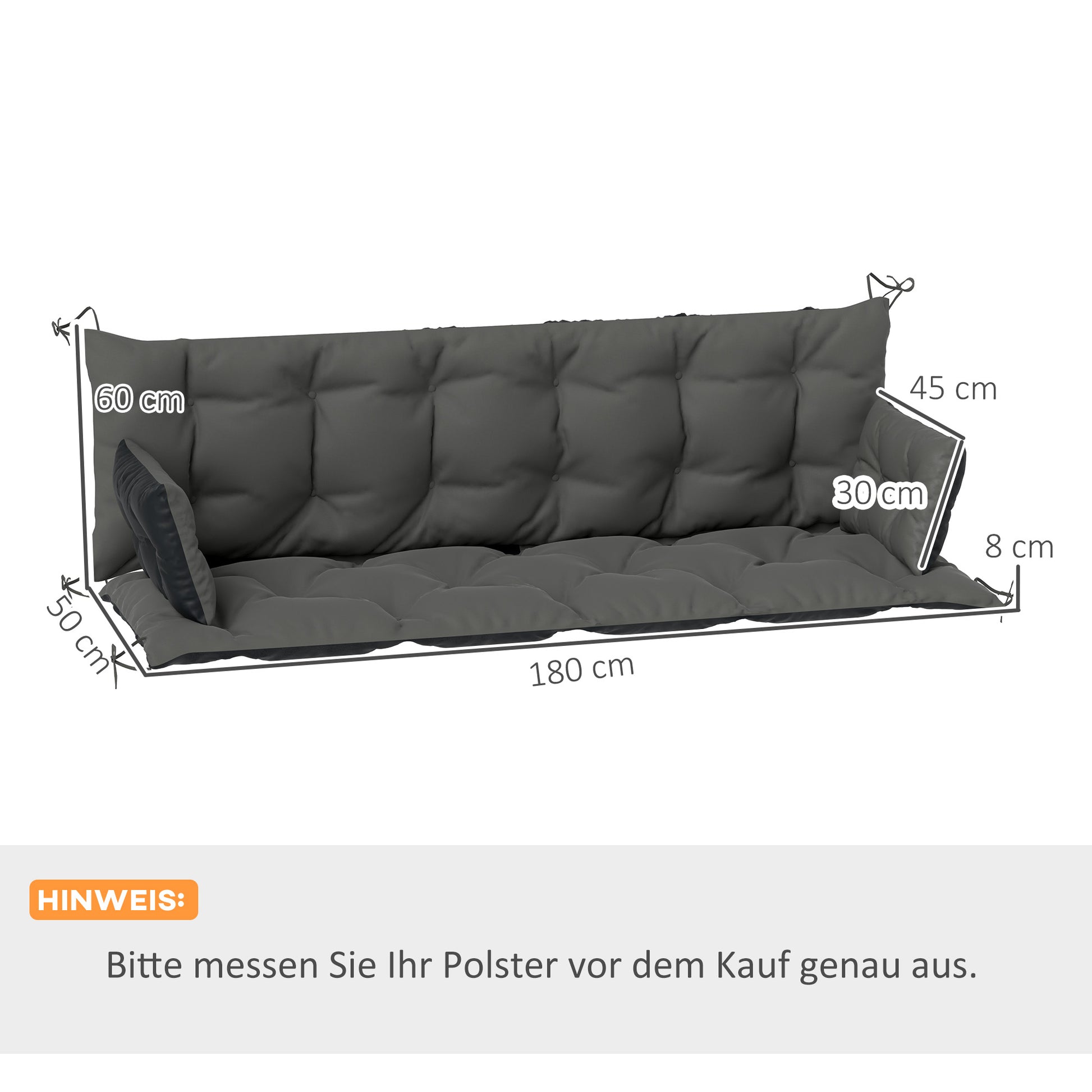 3 Seater Bench Cushion 180x110x8 cm Bench Pad with Straps, Seat Cushion, Outdoor/Indoor Chair Cushion, Seat Cover, Seat Pillow, Bench Cushion for Garden Furniture, Hammock, Dark Gray+Black