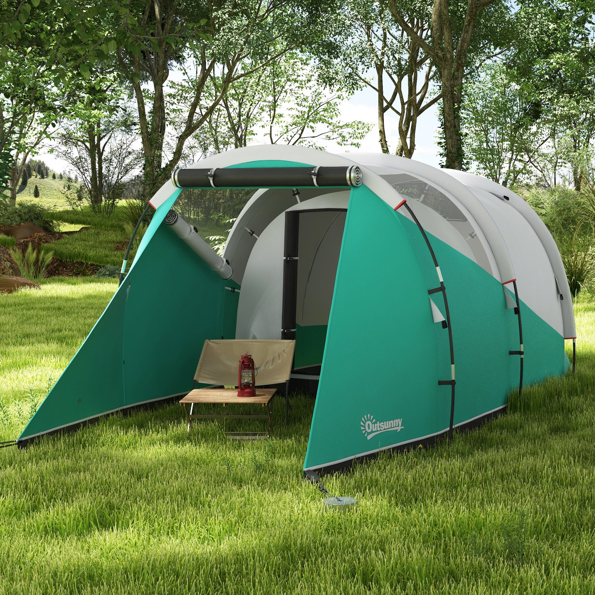 Tunnel Tent, Camping Tent for 5 People, Family Tent with 2 Rooms, Carrying Bag, 3000mm Waterproof Group Tent, for Garden, Campsite, Green