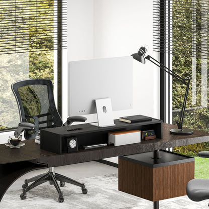 PC Monitor Stand with 2 Storage Compartments, Desktop Monitor Stand in Wood, for Laptop and Computer, Holds up to 16Kg, 100x27x15 cm, Black