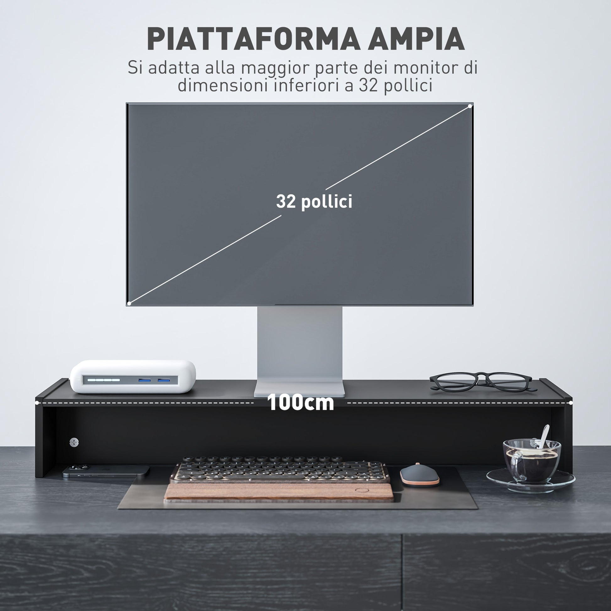 PC Monitor Stand with 2 Storage Compartments, Desktop Monitor Stand in Wood, for Laptop and Computer, Holds up to 16Kg, 100x27x15 cm, Black