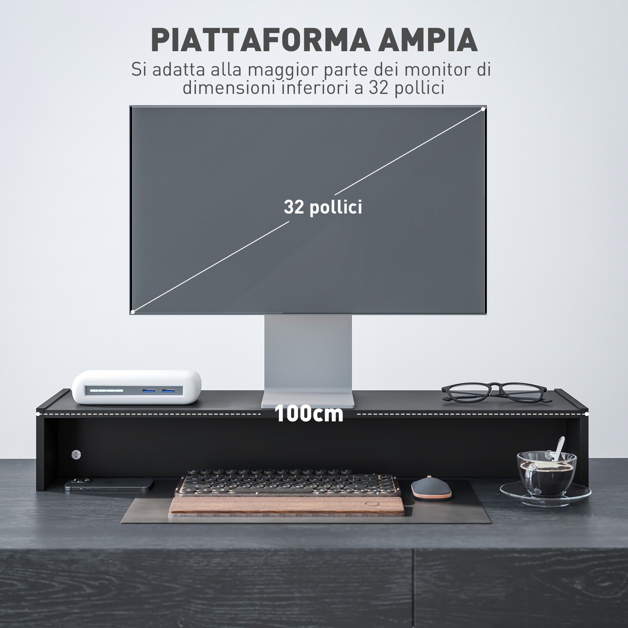 PC Monitor Stand with 2 Storage Compartments, Desktop Monitor Stand in Wood, for Laptop and Computer, Holds up to 16Kg, 100x27x15 cm, Black