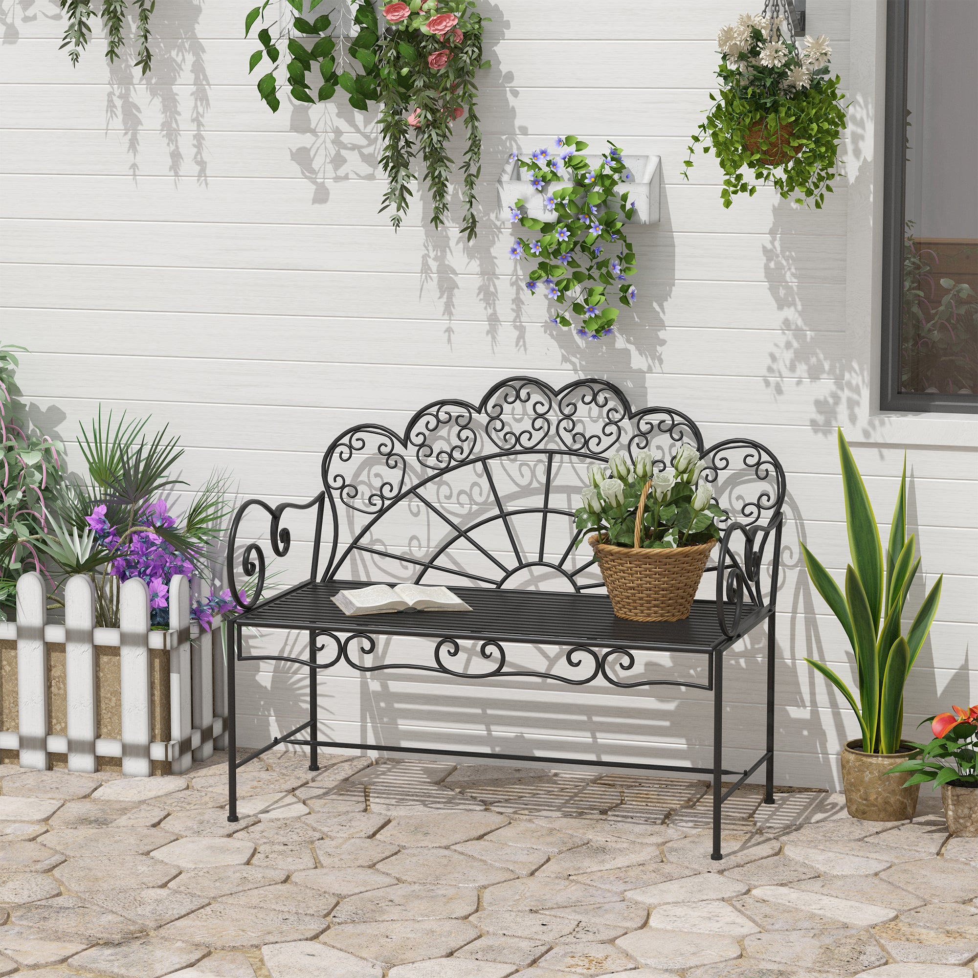 2-Seater Garden Bench Sturdy, Rust-free Park Bench Seat Bench Outdoor Furniture for Patio, Garden, and General Outdoor Area 107cm x 55.5cm x 90.5cm, Black