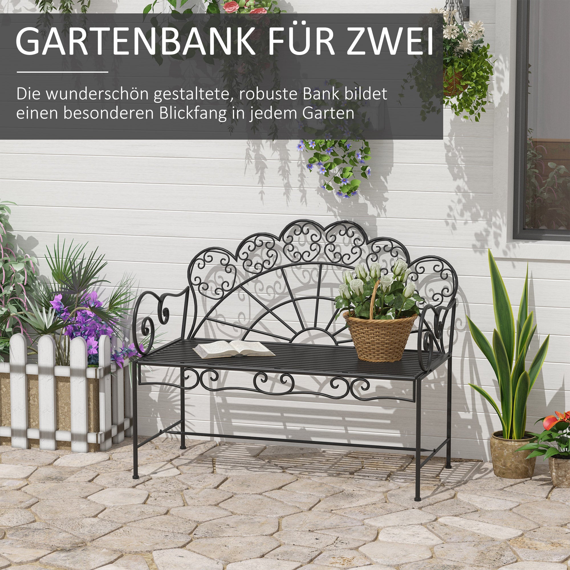 2-Seater Garden Bench Sturdy, Rust-free Park Bench Seat Bench Outdoor Furniture for Patio, Garden, and General Outdoor Area 107cm x 55.5cm x 90.5cm, Black