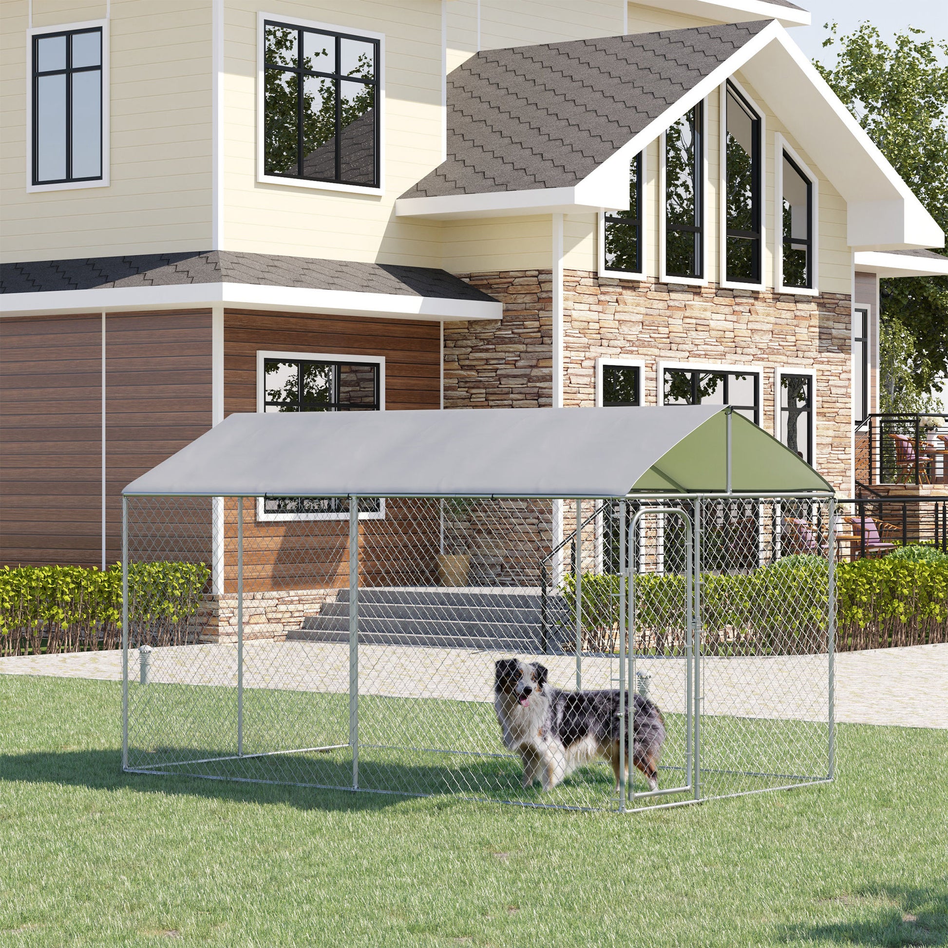 Outdoor Kennel with Anti-UV Waterproof Canopy Dog Park with Latch Door and Galvanized Metal Frame for Patio Garden Terrace 13.1x7.5x7.5 ft Silver