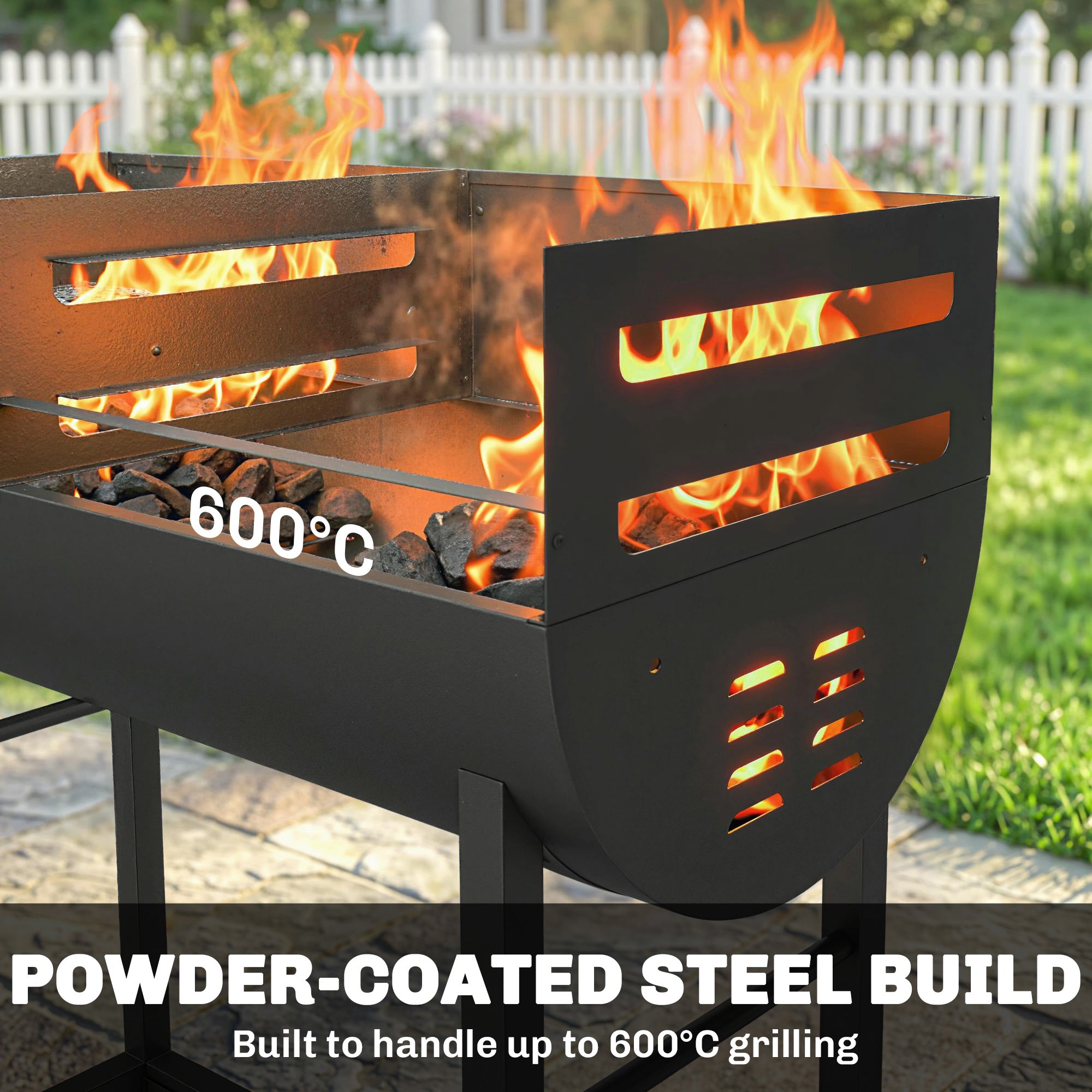 Charcoal Grill Cart with 2 Cooking Zones, Height-Adjustable Grates, Wood Shelf & Wheels – Portable Charcoal Grill for Patio, Picnic, Party (103 x 46.5 x 100 cm / 40.6" x 18.3" x 39.4") Black