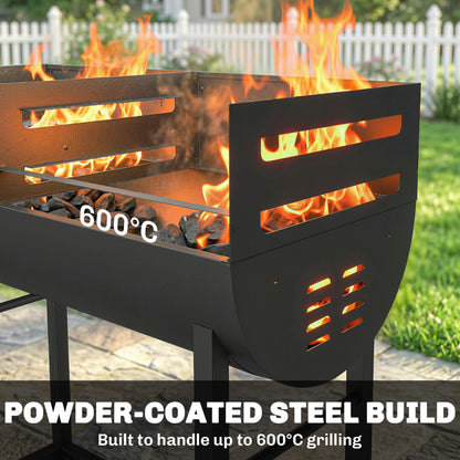 Charcoal Grill Cart with 2 Cooking Zones, Height-Adjustable Grates, Wood Shelf & Wheels – Portable Charcoal Grill for Patio, Picnic, Party (103 x 46.5 x 100 cm / 40.6" x 18.3" x 39.4") Black