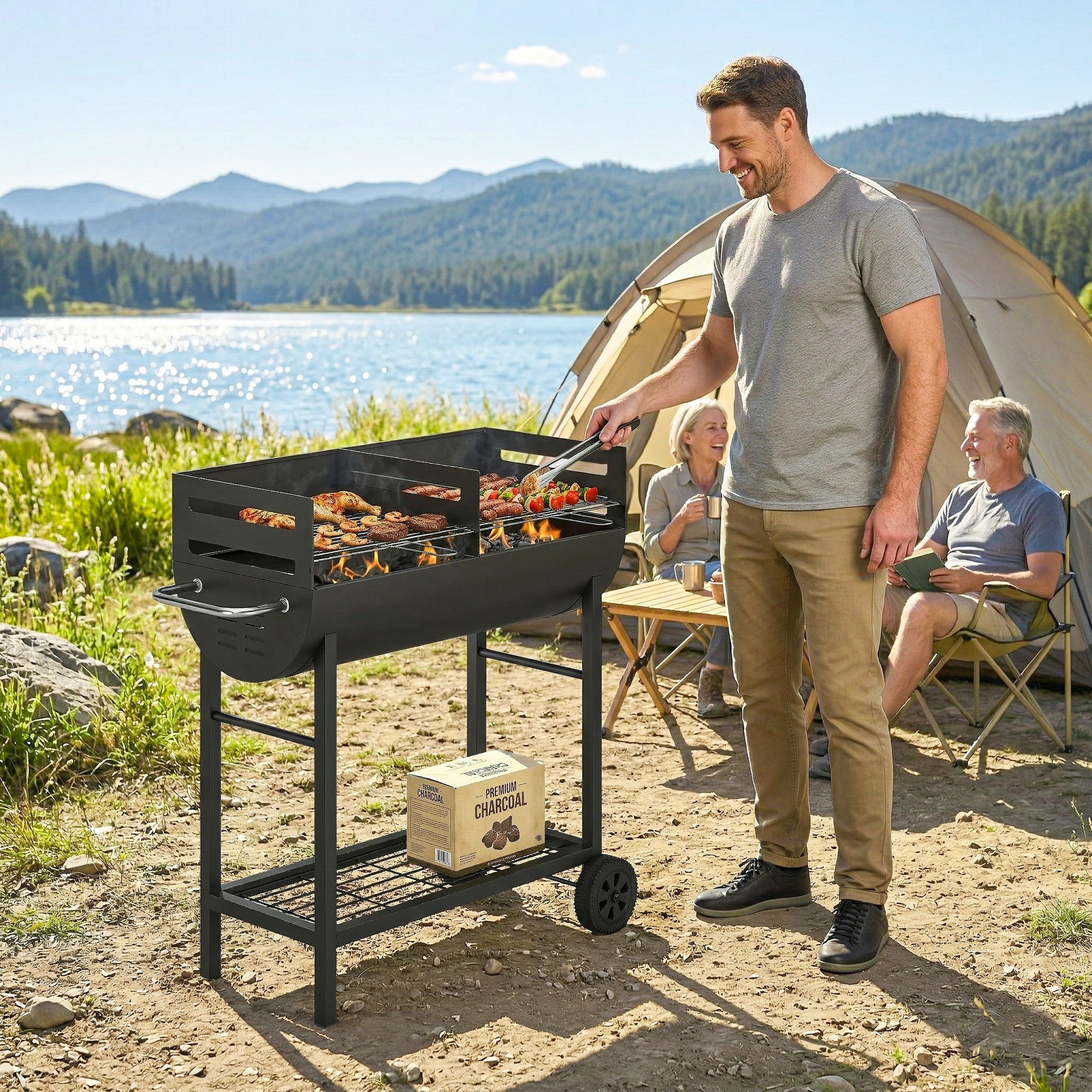 Charcoal Grill Cart with 2 Cooking Zones, Height-Adjustable Grates, Wood Shelf & Wheels – Portable Charcoal Grill for Patio, Picnic, Party (103 x 46.5 x 100 cm / 40.6" x 18.3" x 39.4") Black