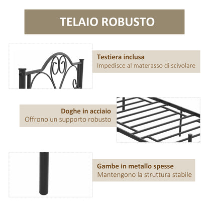 Single Bed Frame in Steel 95x211x106cm, Integrated Slats, Headboard and Footboard, Underbed Storage, Black