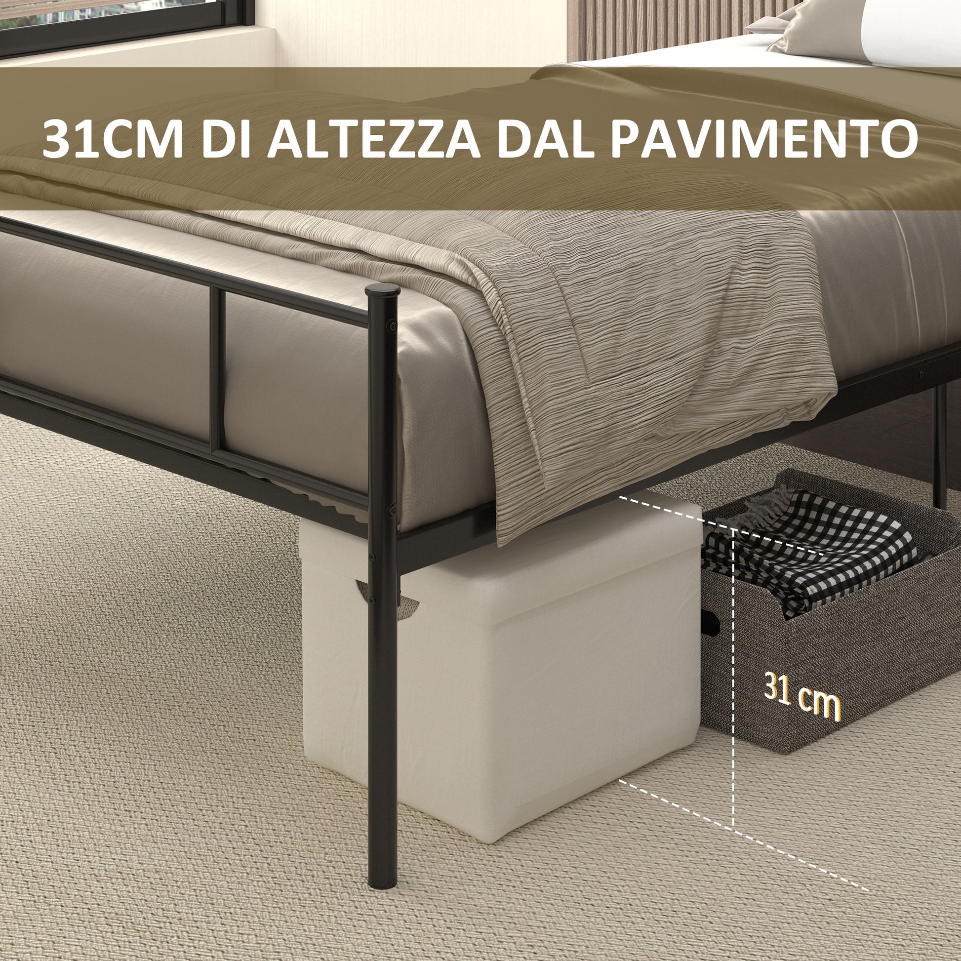Single Bed Frame in Steel 95x211x106cm, Integrated Slats, Headboard and Footboard, Underbed Storage, Black