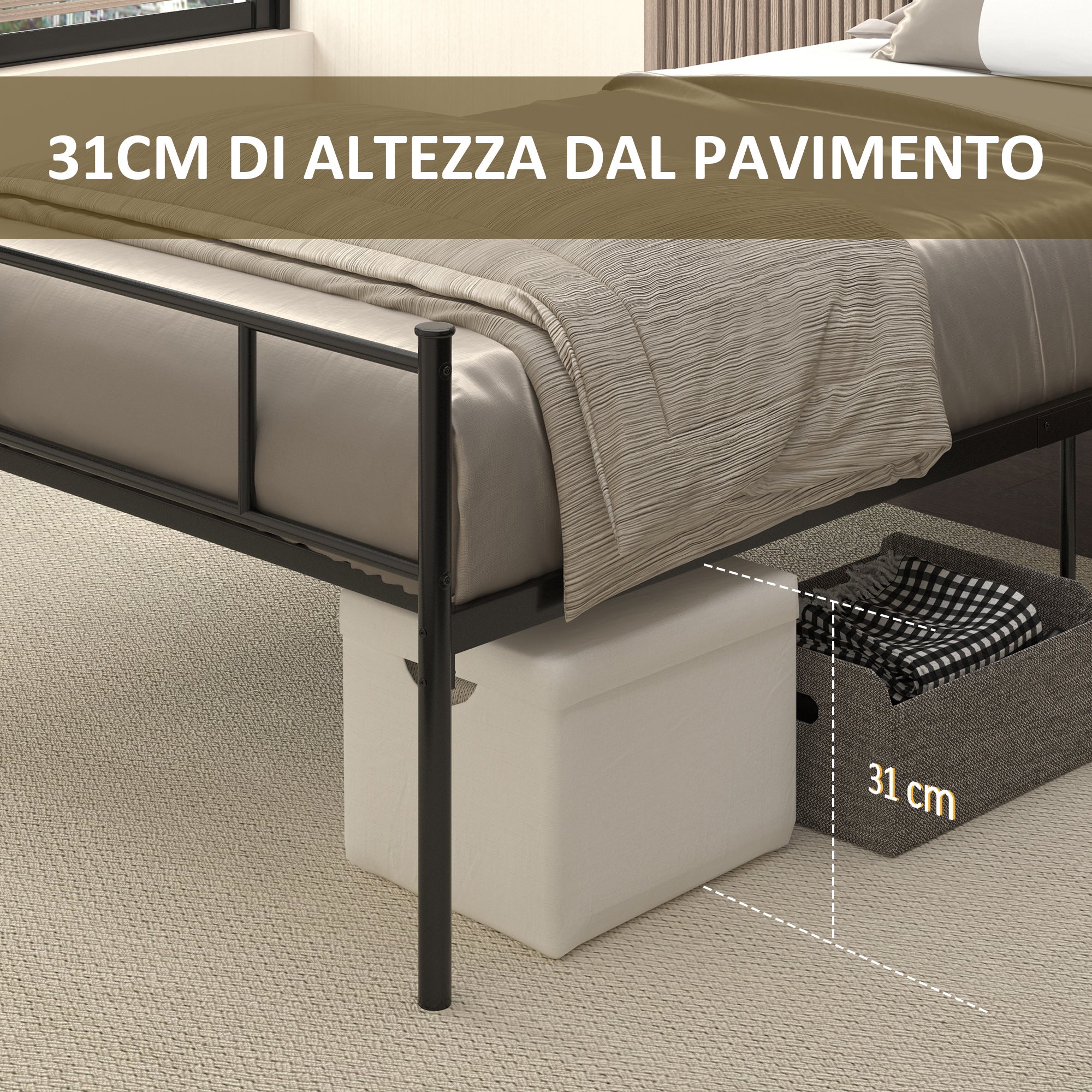 Single Bed Frame in Steel 95x211x106cm, Integrated Slats, Headboard and Footboard, Underbed Storage, Black