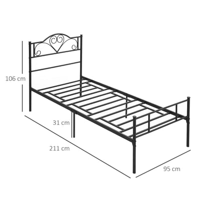 Single Bed Frame in Steel 95x211x106cm, Integrated Slats, Headboard and Footboard, Underbed Storage, Black