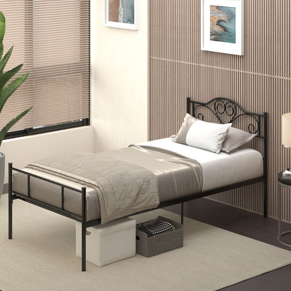 Single Bed Frame in Steel 95x211x106cm, Integrated Slats, Headboard and Footboard, Underbed Storage, Black