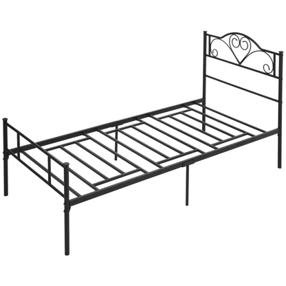 Single Bed Frame in Steel 95x211x106cm, Integrated Slats, Headboard and Footboard, Underbed Storage, Black